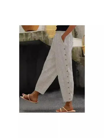 Women Casual Cotton Linen Striped Pants High Waist Loose Trousers With Side Buttons Vintage Wide Leg Trousers For Daily Comfort