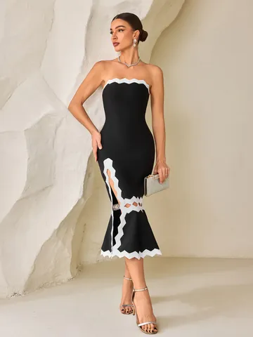 Women's Hepburn Style Strapless Mermaid Slit Bandage Dress Black White Scalloped Trim Slim Fit Elegant Party Midi Dress