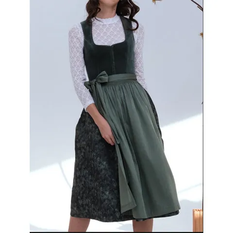 Women Traditional German Bavarian Dirndl Dress Top And Bottom Set Dark Green Polyester Oktoberfest Retro Party Costume