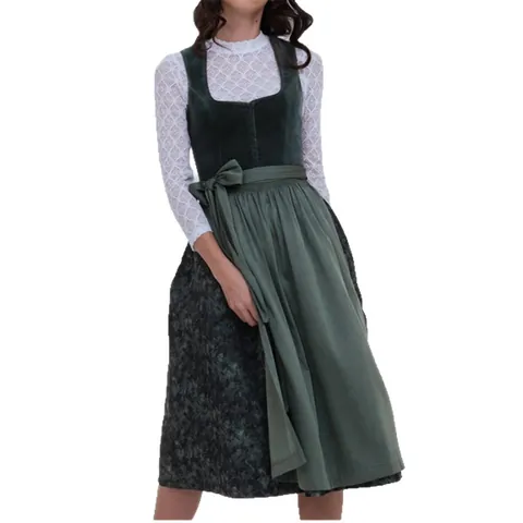 Women Traditional German Bavarian Dirndl Dress Top And Bottom Set Dark Green Polyester Oktoberfest Retro Party Costume