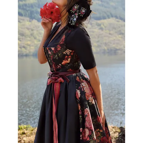Robe Dirndl pour Femme Oktoberfest Costume Traditionnel Allemand Vintage Robe de Fête Ethnique à Motifs Floraux