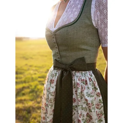 Women Vintage German Oktoberfest Dirndl Dress Set Traditional Bavarian Costume With Lace Blouse Floral Apron Dark Green Top And Bottom