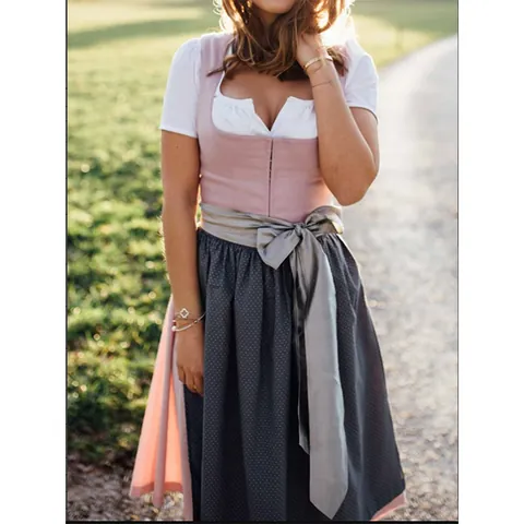 Women Oktoberfest Dirndl Dress German Traditional Costume Polyester Polka Dot Lace Up Puff Sleeve Shirt Apron Top And Bottom Vintage Party