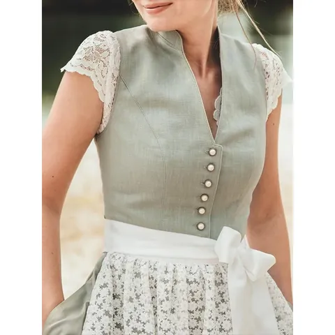 Vestido Dirndl Tradicional Alemán para Oktoberfest Mujer Verde Salvia Estilo Bávaro Delantal de Encaje Traje Top And Bottom