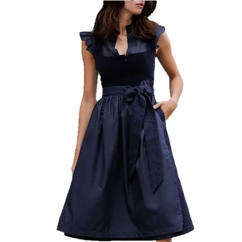 Women Traditional Oktoberfest Dirndl Dress Dark Blue Vintage Ruffled A-Line German Beer Festival Party Gown Polyester Dress