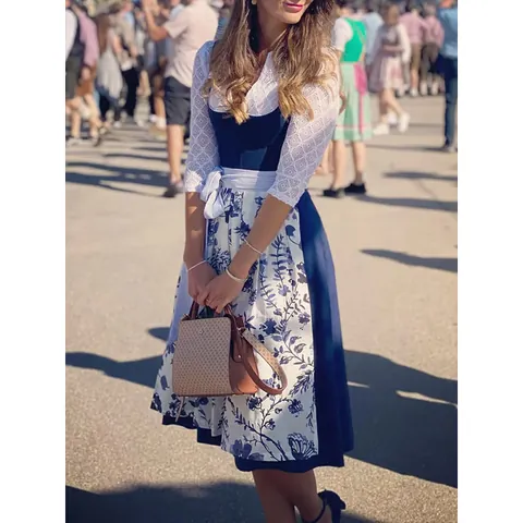 Women's Traditional Oktoberfest Dirndl Dress Set Cotton Linen Lace Splicing Floral Print Top And Bottom Bavarian Costume