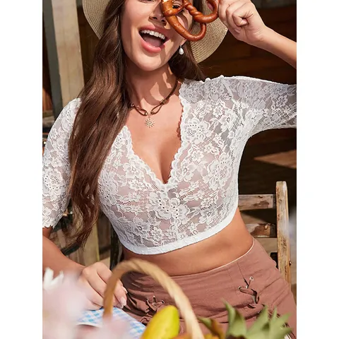 Women Oktoberfest White Lace Blouse V-Neck Half Sleeve Hollow Out Crop Top Dirndl Shirt Elegant Floral Embroidery Look Top