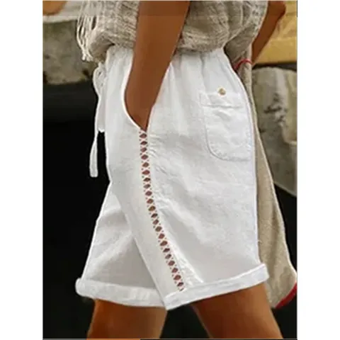 Women's Summer Cotton Linen Casual Shorts Lace Hollow Out Patchwork Elastic Waist Drawstring 5-Point Bottoms