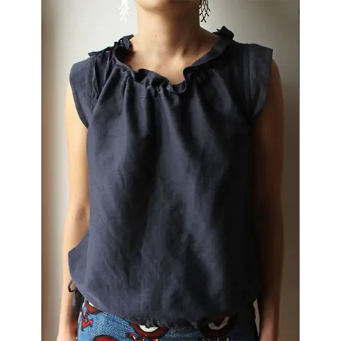 Women Casual Cotton Linen Sleeveless Top Summer Solid Color Ruffle Boat Neck Drawstring Hem Loose Tank Top Blouse