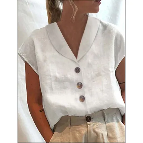 Blusa Casual de Algodón y Lino para Mujer Cuello en V con Botones Corte Holgado Camisa Patchwork Manga Corta Top Diario Ropa de Verano