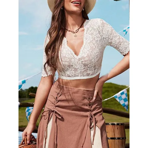 Women Oktoberfest White Lace Blouse V-Neck Half Sleeve Hollow Out Crop Top Dirndl Shirt Elegant Floral Embroidery Look Top