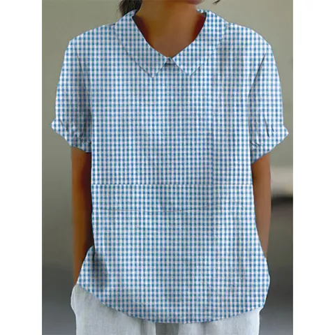 Women's Casual Cotton Linen Blouse Short Sleeve Top Patchwork Design Button Shirt Fashion Loose Breathable Top For Ladies Daily Wear