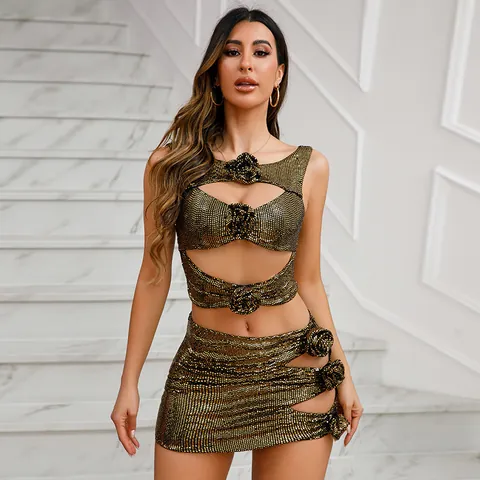 Damen Sexy Gold Pailletten Ärmellos Top And Bottom Hohlraum Schlanke Passform Party Rock-Set Mit 3D-Blumendekoration