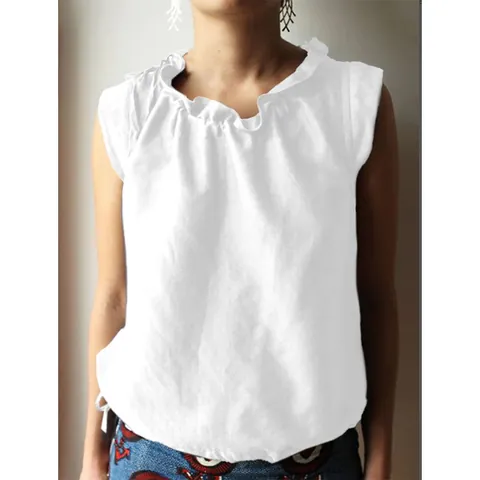 Women Casual Cotton Linen Sleeveless Top Summer Solid Color Ruffle Boat Neck Drawstring Hem Loose Tank Top Blouse