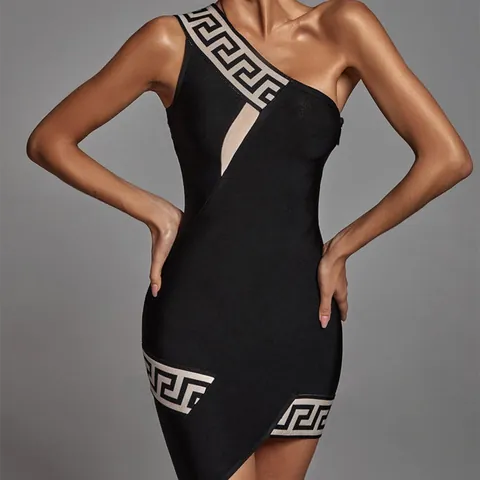 Sexy Women One Shoulder Bandage Mini Dress Elegant Greek Key Jacquard Sleeveless Bodycon Party Cocktail Dress Black