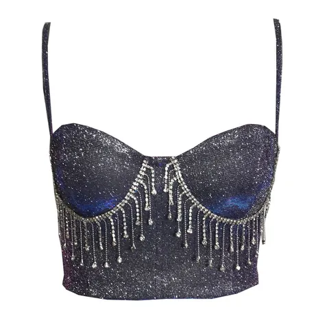 Women Sexy Rhinestone Tassel Camisole Glitter Polyester Slim Fit Backless Clubwear Cami Top Party Evening Vest