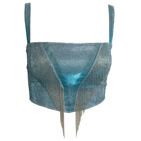 Sexy Damen Glitzer Fransen Cami Top Rückenfrei Nachtclub Party Schlank Passform Tank Top Einfarbig Metallic Camisole