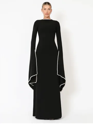 Damen Elegantes Schwarzes Perlen Abendkleid Slim Fit Maxikleid Mit Übergroßen Glockenärmeln Polyester Langes Ballkleid