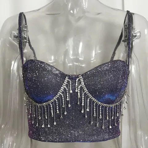 Women Sexy Rhinestone Tassel Camisole Glitter Polyester Slim Fit Backless Clubwear Cami Top Party Evening Vest