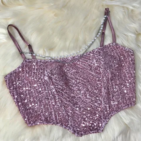 Women Sexy Slim Fit Halter Sequin Camisole Artificial Pearl Chain Strap Backless Crop Top Nightclub Party Fashion Tank Top