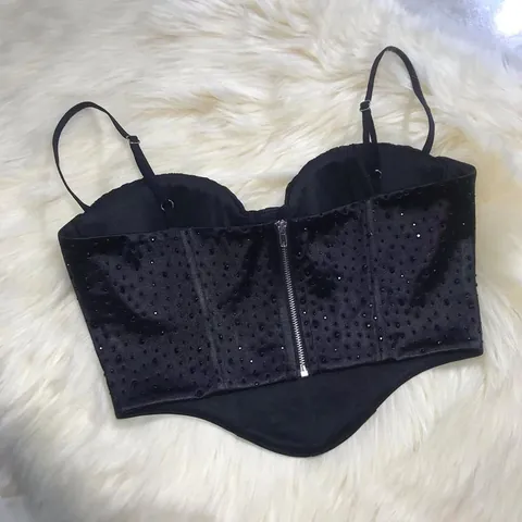 Damen Sexy Netz Patchwork Strass Korsett Top Mode Fischgräten Bustier Cami Tanktop Ärmellos Rücken Reißverschluss Club Party Camisole
