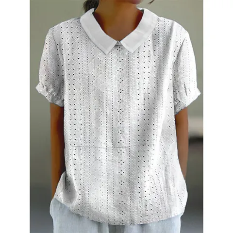 Women's Casual Cotton Linen Blouse Short Sleeve Top Patchwork Design Button Shirt Fashion Loose Breathable Top For Ladies Daily Wear