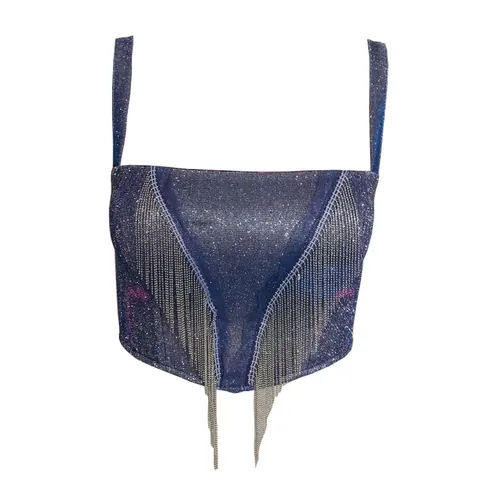 Sexy Damen Glitzer Fransen Cami Top Rückenfrei Nachtclub Party Schlank Passform Tank Top Einfarbig Metallic Camisole