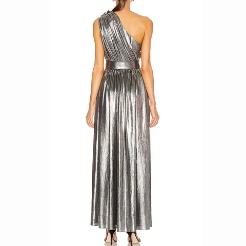 Damen Sexy Ein Schulter Metallisch Silber Abendkleid Maxi Mit Gürtel Seitenschlitz Ärmellos Bodycon Partykleid