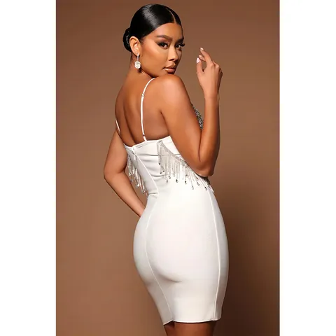 Sexy Rhinestone Beaded Sequin Tassel Bandage Bodycon Mini Dress For Women Elegant V-Neck Sleeveless Party Night Club Bottom