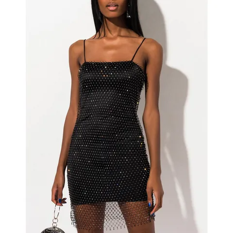 Damen Sexy Rückenfreies Strass Netz Minikleid Polyester Spaghettiträger Party Clubwear Slim Fit Top And Bottom Bodycon Kleid