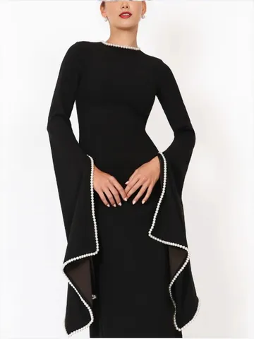 Damen Elegantes Schwarzes Perlen Abendkleid Slim Fit Maxikleid Mit Übergroßen Glockenärmeln Polyester Langes Ballkleid