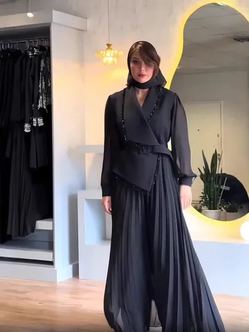 Women Elegant Pleated Two Piece Set Big Lapel Stitching Top And Bottom Solid Color Fashion Modest Skirt Suit For Banquet Commute