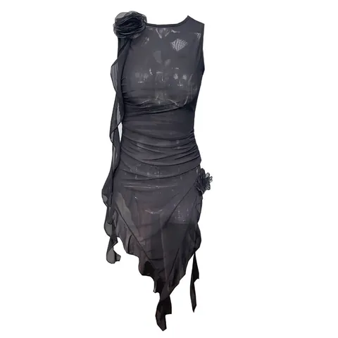 Damen Sexy Mesh Kleid Unregelmäßiger Schlanke Passform Hüftwickel Ärmellos Polyester Kleid Mit Blumen Dekoration Party Bankett Nachtwäsche