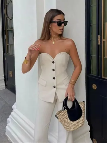 Women's Fashion Two Piece Set Strapless Vest Top And Slit Straight Leg Pants Solid Color Commuter Casual Outfits For Autumn