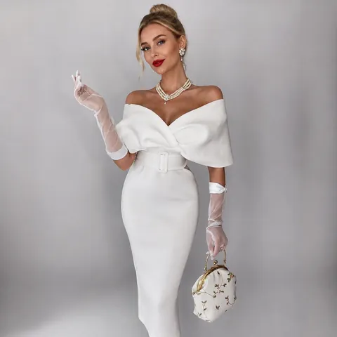 Women Off Shoulder Bodycon Mini Dress Scuba Fabric Elegant High Waist Dress With Belt For Banquet Evening Party