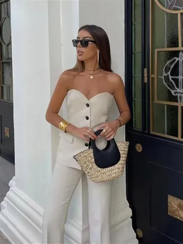 Women's Fashion Two Piece Set Strapless Vest Top And Slit Straight Leg Pants Solid Color Commuter Casual Outfits For Autumn