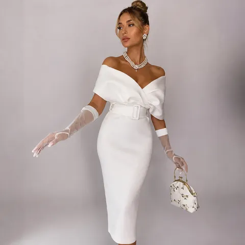 Women Off Shoulder Bodycon Mini Dress Scuba Fabric Elegant High Waist Dress With Belt For Banquet Evening Party