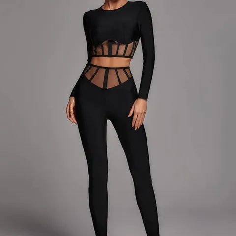 Women Polyester Spandex Mesh Cut-Out Bandage Long Sleeve Top And Bottom Slim Fit High Waist Round Neck Sexy Clubwear
