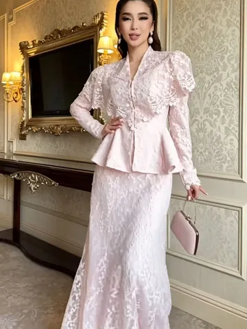 Women Elegant Lace Floral Embroidery Skirt Set V-Neck Shawl Peplum Top And Bottom Two Piece Outfit Formal Party Dress