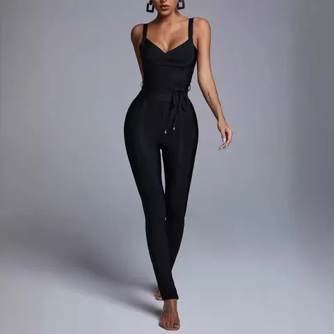 Women Sexy Bandage Jumpsuit Deep V Neck Spaghetti Strap Bodycon Romper Skinny Jumpsuits Clubwear Party Outfit One Piece Top And Bottom