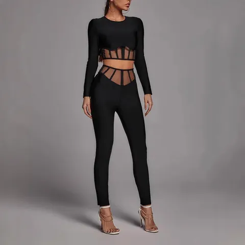 Women Polyester Spandex Mesh Cut-Out Bandage Long Sleeve Top And Bottom Slim Fit High Waist Round Neck Sexy Clubwear
