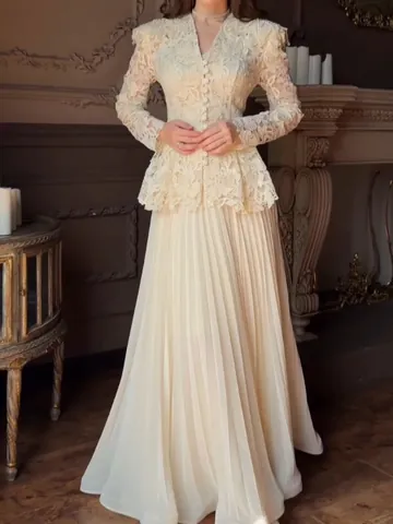Women Elegant Lace Two Piece Set Slim Fit V-Neck Long Sleeve Peplum Top And Maxi Pleated Skirt Set For Commuting Office
