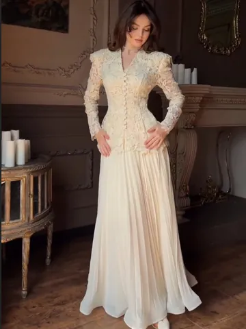 Women Elegant Lace Two Piece Set Slim Fit V-Neck Long Sleeve Peplum Top And Maxi Pleated Skirt Set For Commuting Office