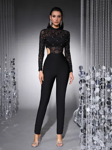 Women Sexy Mesh Jumpsuit Long Sleeve Hand Beaded Perspective Bandage Bodycon Jumpsuit Top And Bottom Party Evening Clubwear