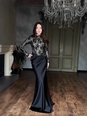 Robe Longue Élégante pour Femme Patchwork Dentelle Satin Couleur Contrastée Col Montant Slim Midi Queue de Poisson Soirée