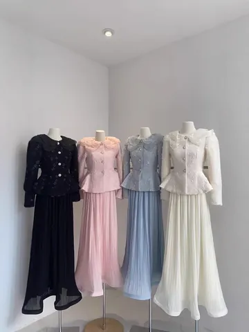 Women French Luxury Polyester Skirt Set Top And Bottom Floral Peplum Jacket With Pleated Midi Skirt Elegant Lady Outfit