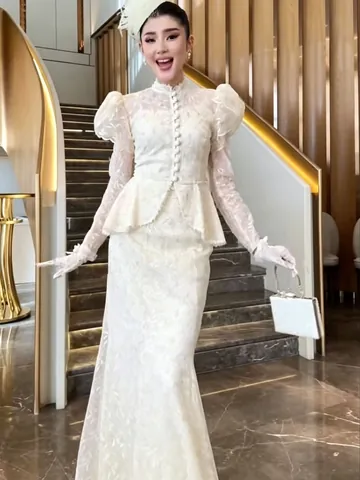 Ensemble Élégant en Dentelle pour Femmes Top And Bottom Col Montant Manches Bouffantes Haut Peplum Jupe Sirène Mariage