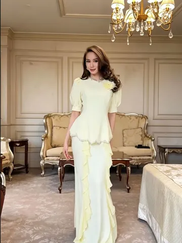 Women Elegant Beaded Waist-Cinched Evening Dress Top And Bottom Set With Ruffle Fishtail Design Puff Sleeve Formal Banquet Gown