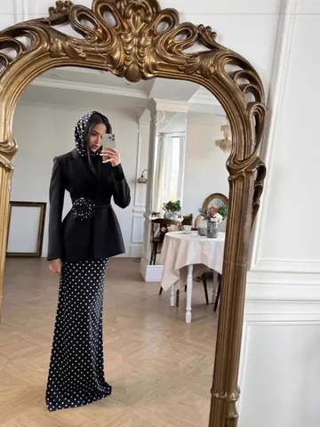 Women Elegant Polka Dot Blazer and Skirt Top And Bottom With 3D Flower Belt Scarf French Vintage Formal Office Lady Outfit