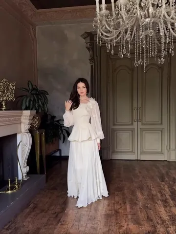 Ensemble Peplum Top Et Bas Élégant Français Avec Décoration Florale 3D Et Nœud Col Carré Manches Transparentes Robe Ligne A Maxi Pour Femmes